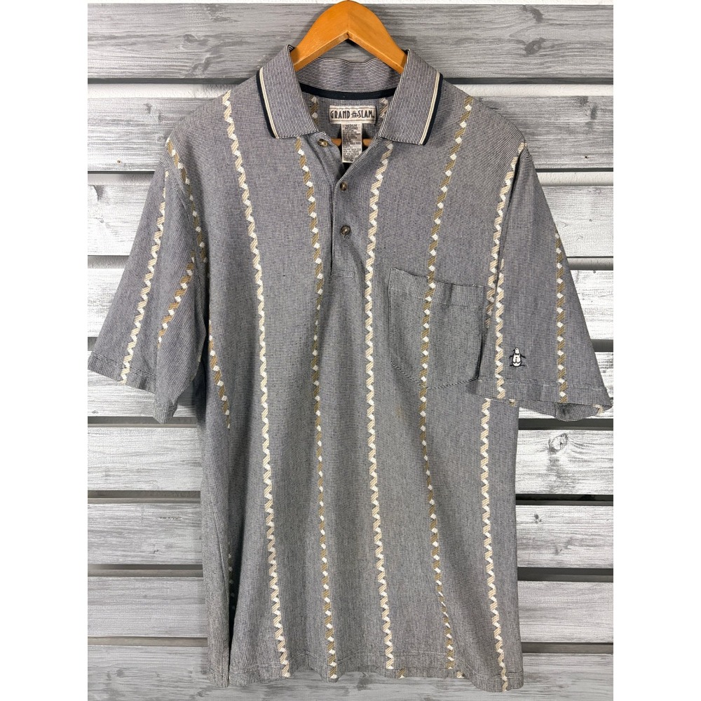 Grand Slam Men Polo Shirt M Grey Geometric Abstract Penguin Logo Golf Pocket vtg